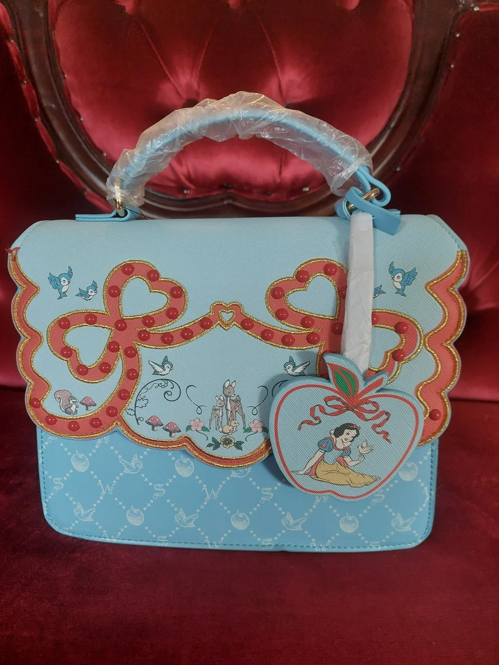 Disney Danielle Nicole Snow White Light Blue, Red Bows Heart Bag with Strap